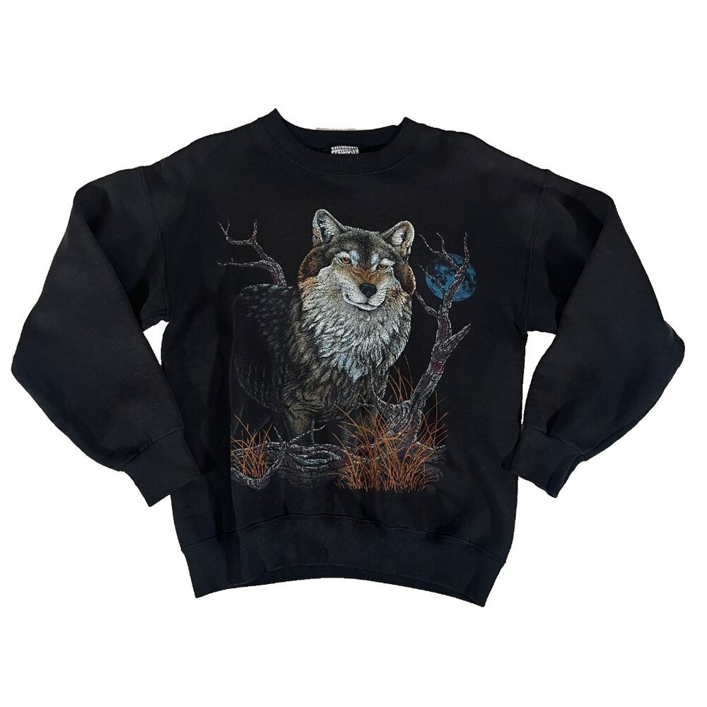LEE Vintage 1990s Gray Wolf Crewneck Sweatshirt Moon Forest Sz S Wildlife Black